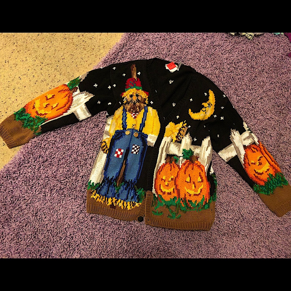 90s Vintage Halloween Pumpkin Scarecrow Cardigan